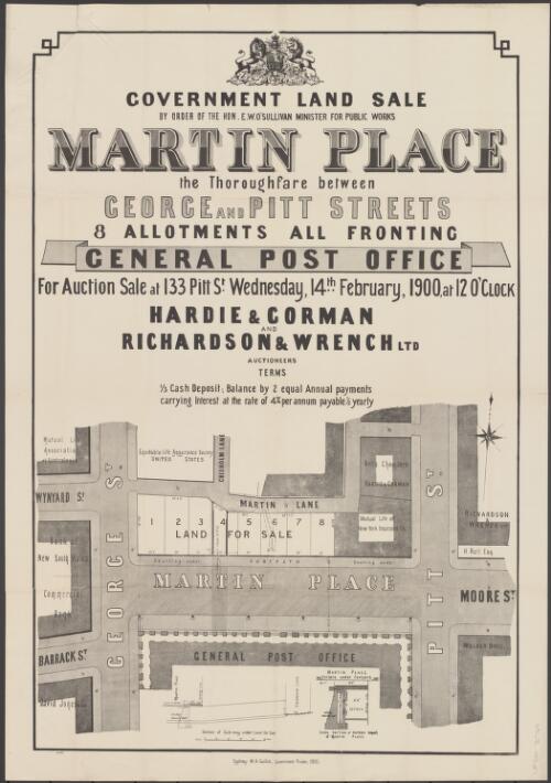 Martin Place, the thoroughfare between George and Pitt Streets, 8 allotments all fronting general post office [cartographic material] : for auction sale at 133 Pitt St. Wednesday, 14th February, 1900, at 12 o'clock / Hardie & Gorman and Richardson & Wrench Ltd, auctioneers