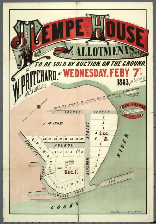 Tempe House & allotments [cartographic material] / to be sold by auction, on the ground on Wednesday, Feby. 7th 1883 at 3, o'clock p.m. by W. Pritchard, auctioneer