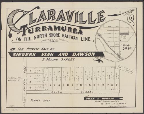 Claraville, Turramurra, on the North Shore Railway Line [cartographic material] : for private sale / by Sievers Vian and Dawson, 3 Moore Street