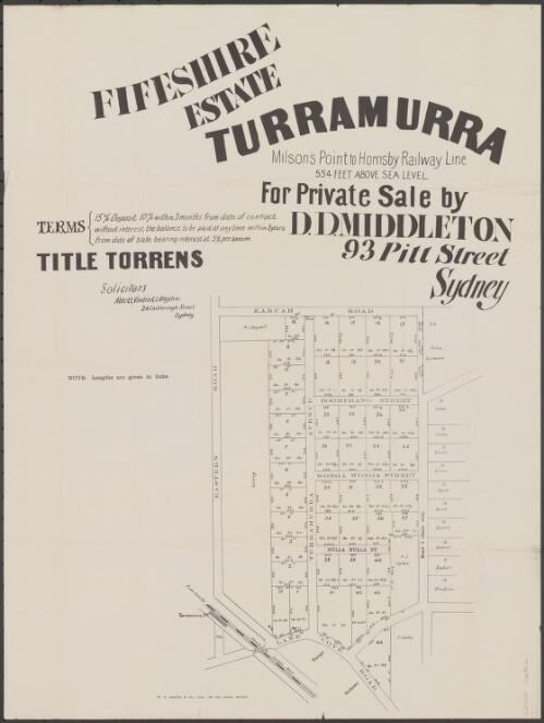 Fifeshire Estate, Turramurra [cartographic material] : Milson's Point to Hornsby Railway Line, 554 feet above sea level : for private sale / by D.D. Middleton, 93 Pitt Street, Sydney