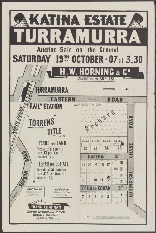 Katina Estate, Turramurra [cartographic material] : auction sale on the ground, Saturday 19th October 07 at 3.30 / H.W. Horning & Co., auctioneers, 58 Pitt St