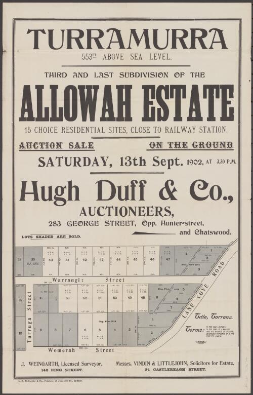 Third and last subdivision of the Allowah Estate, 15 choice residential sites, close to railway station [cartographic material] : auction sale, on the ground, Saturday, 13th Sept. 1902, at 3.30 p.m. / Hugh Duff & Co., auctioneers, 283 George Street, opp. Hunter=street, and Chatswood