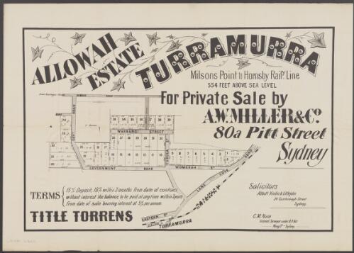 Allowah Estate, Turramurra [cartographic material] : Milsons Point to Hornsby Raily. Line, 554 feet above sea level / for private sale by A.W. Miller & Co., 80a Pitt Street, Sydney