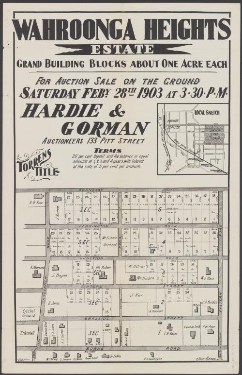 Wahroonga Heights Estate [cartographic material] : grand building blocks about one acre each : for auction sale on the ground Saturday Feby. 28th 1903 at 3.30 p.m. / Hardie & Gorman, auctioneers 133 Pitt Street