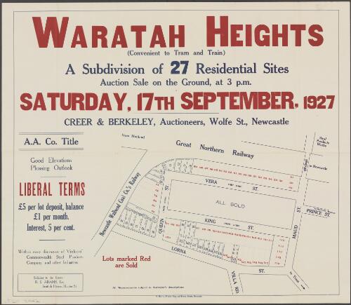 Waratah Heights (convenient to tram and train), a subdivision of 27 residential sites [cartographic material] : auction sale on the ground, at 3 p.m., Saturday, 17th September, 1927 / Creer & Berkeley, auctioneers, Wolfe St., Newcastle