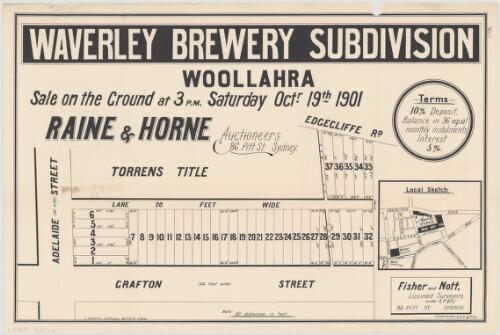 Waverley Brewery Subdivision, Woollahra [cartographic material] : sale on the ground at 3 p.m. Saturday Octr. 19th 1901 / Raine & Horne, auctioneers, 86 Pitt St. Sydney ; H. Robjohns, draftsman, 86 Pitt St. Sydney