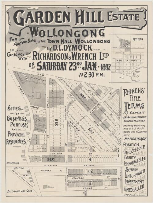 Garden Hill Estate, Wollongong [cartographic material] : for auction sale at the town hall Wollongong / by D.L. Dymock in conjunction with Richardson & Wrench Ltd. on Saturday 23rd Jan 1892 at 2.30 p.m