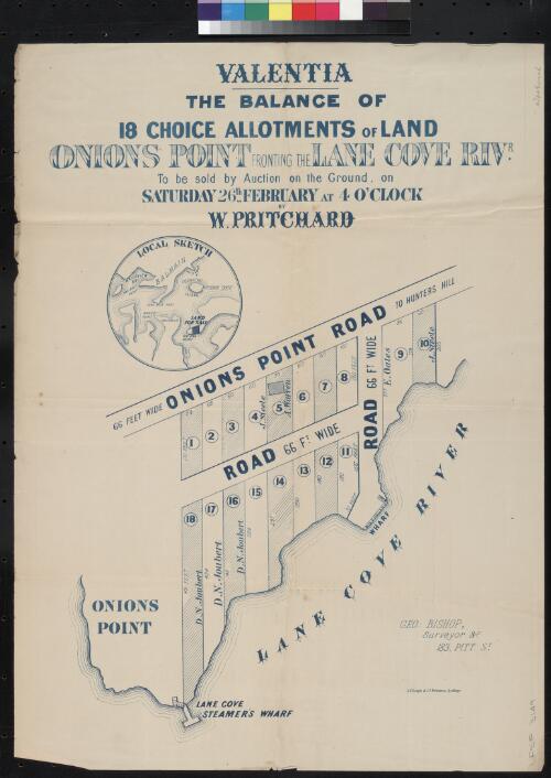 Valentia [cartographic material] : the balance of 18 choice allotments of land, Onions Point fronting the Lane Cove Rivr. / to be sold by auction on the ground, on Saturday 26th February at 4 o'clock by W. Pritchard