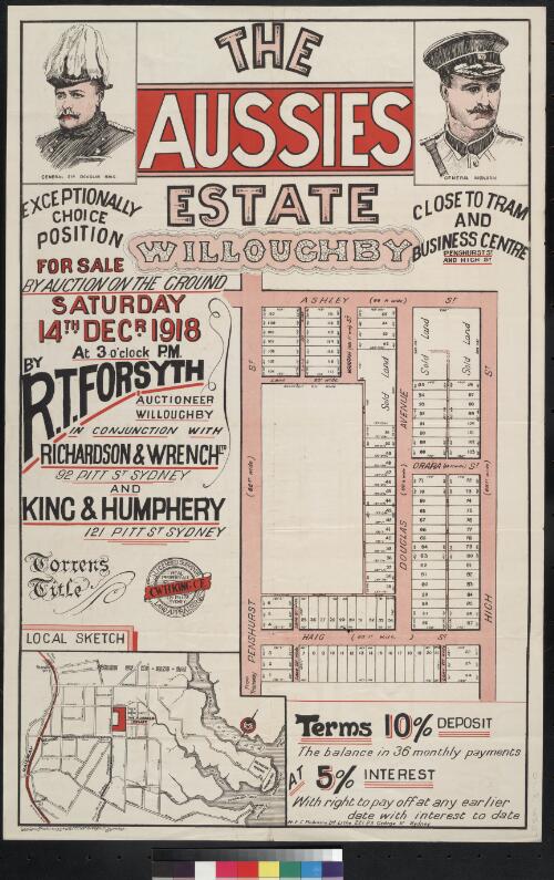 The Aussies estate, Willoughby [cartographic material] / for sale by auction on the ground, Saturday 14th Decr. 1918 at 3 o'clock p.m. by R.T. Forsyth, auctioneer, Willoughby in conjunction with Richardson & Wrench Ltd., 92 Pitt St., Sydney and King & Humphery, 121 Pitt St., Sydney