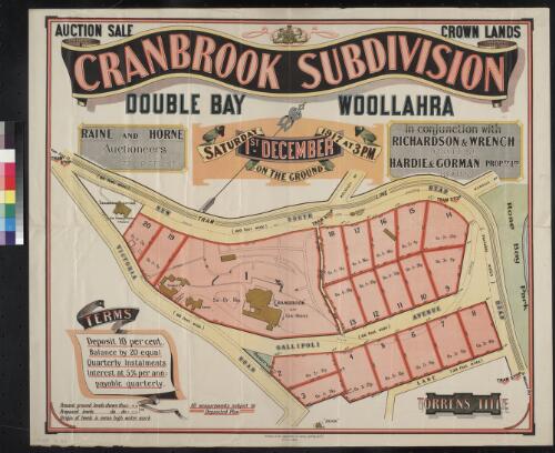 Cranbrook subdivision, Double Bay, Woollahra [cartographic material] / Raine and Horne, auctioneers, 70 Pitt St., Saturday 1st December 1917 at 3 p.m. on the ground, in conjunction with Richardson & Wrench, 92 Pitt St., Hardie & Gorman Propty. Ltd., 133 Pitt St