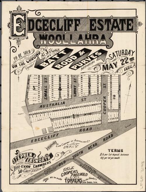 Edgecliff estate, Woollahra [cartographic material] / to be sold on the ground at 3 o'clock by Batt Rodd & Purves, auctioneers, Saturday May 22nd, 1886