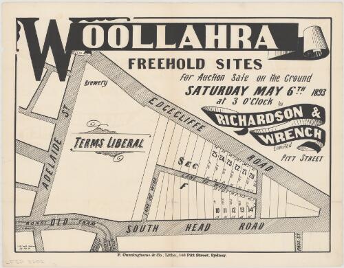 Woollahra freehold sites [cartographic material] : for auction sale on the ground Saturday May 6th 1893 at 3 o'clock / by Richardson & Wrench Limited, Pitt Street ; J.M. Cantle draftsman, 129 Pitt St