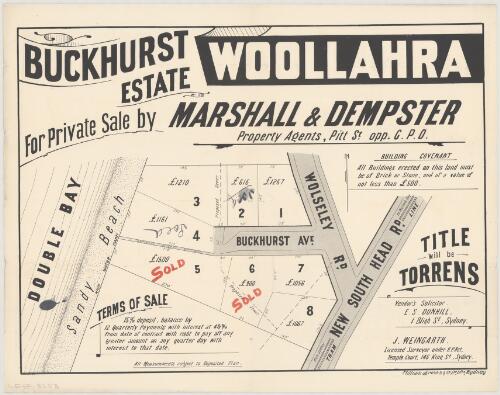 Buckhurst Estate, Woollahra [cartographic material] : for private sale / by Marshall & Dempster, property agents, Pitt St. opp. G.P.O