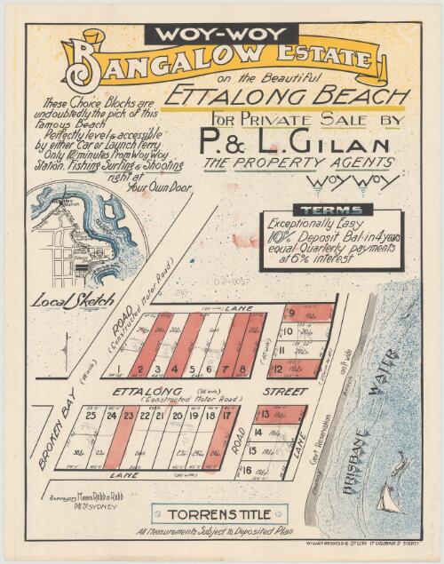 Woy-Woy, Bangalow Estate, on the beautiful Ettalong Beach [cartographic material] : for private sale / by P. & L. Gilan, the property agents, Woy Woy