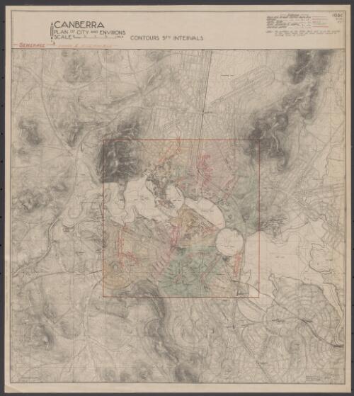 Canberra plan of city and environs. 103C, Sewerage [cartographic material] : contours 5ft. intervals / Walter Burley Griffin, Federal Capital Director, Design and Construction ; photolitho'd at the Melbourne and Metropolitan Board of Works under the direction of A.E. Hodge