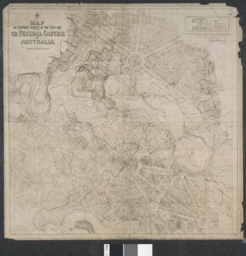 Map of contour survey of the site for the Federal Capital of Australia [cartographic material]  / reduced by photolithography from Drawing on Stone and Printed by the Department of Lands, Sydney, New South Wales, from original plan by F.J. Broinowski by authority of the Hon. The Minister for Lands, September 1910