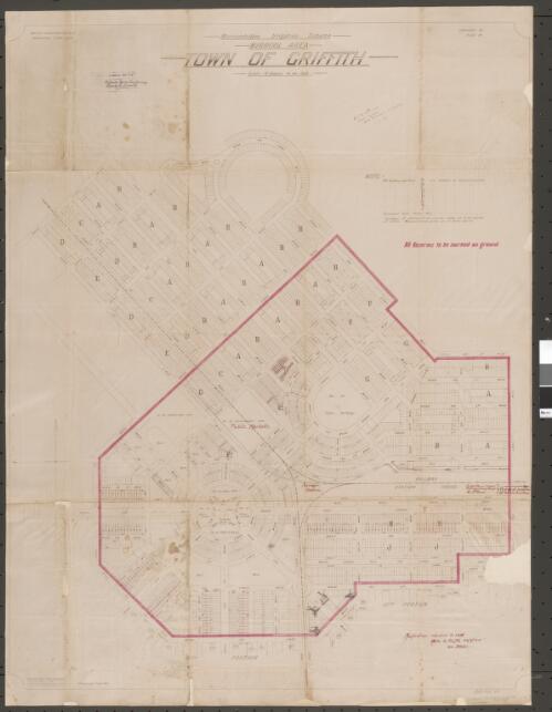 Town of Griffith, Mirrool Area, Murrumbidgee Irrigation Scheme [cartographic material] / designed W.B. Griffin, 1914, 5