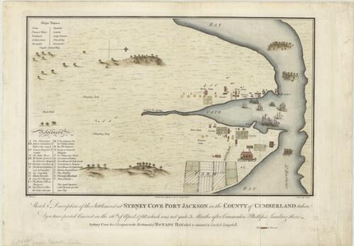 Sketch & description of the settlement at Sydney Cove Port Jackson in the County of Cumberland taken by a transported convict on the 16th of April, 1788, which was not quite 3 months after Commodore Phillips's landing there [cartographic material] / F. F. delineavit