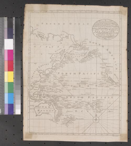 A new & accurate chart of the discoveries made by the late Capt. Js. Cook and other distinguished, modern navigators made between the latitudes of 80 degs. north and 50 degs. south and extending to 260 degs. east long. from the meridian of Greenwich [cartographic material] exhibiting Botany Bay, with the whole coast of New South Wales in New Holland, also New Zealand, Norfolk and the various other islands situated in the Great Pacific Ocean, & the Northern & Southern Hemispheres / Bowen, sculpt