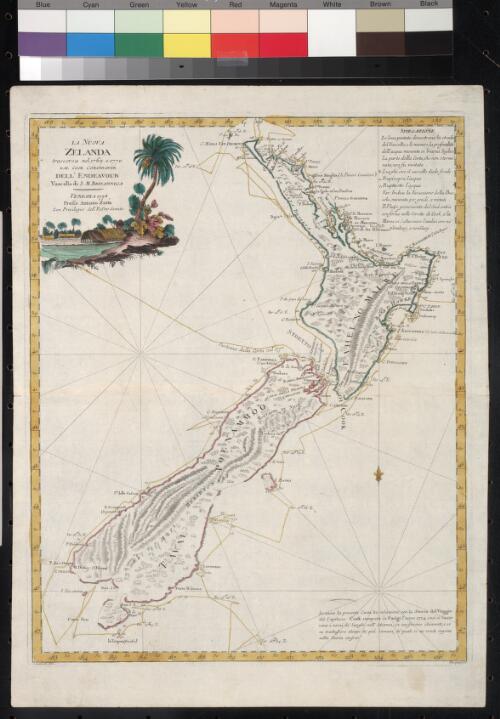 La Nuova Zelanda [cartographic material] : trascorsa nel 1769. e 1770 : dal Cook comandante dell 'Endeavour, vascello di S.M. Britannica / G. Zuliani inc ; Pasquali scr