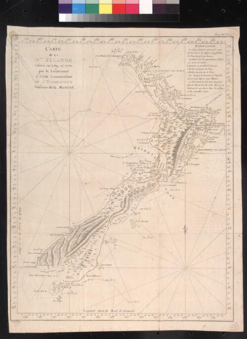 Carte de Ia Nle. Zelande visitée en 1769 et 1770 par le Lieutenant J. Cook, Commandant de l'Endeavour, vaisseau de sa Majesté [cartographic material] / Benard dir