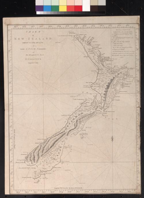 Chart of New Zealand explored in 1769 and 1770 by Lieut. I. Cook Commander of His Majesty's bark Endeavour [cartographic material] / engrav'd by I Bayly