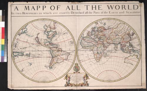 A mapp of all the world in two hemispheres in which are exactly described all the parts of the earth and seas [cartographic material] / described by Sanson; corrected and amended by William Berry