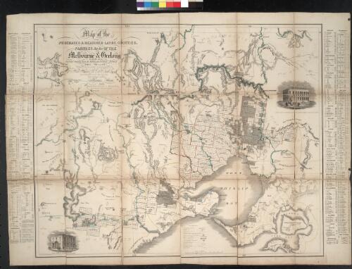 Map of the purchased and measured lands, counties, parishes, etc. of the Melbourne and Geelong districts ... [cartographic material] / respectfully inscribed ... by his obedient servant Thomas Ham 1849