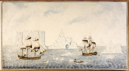 [Coloured drawing of the Adventure and Resolution with Icebergs in the background] [cartographic material] / Peter Fannin delin