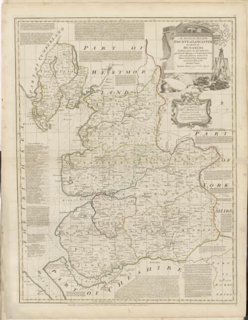 An accurate map of the County of Lancaster divided into its hundreds [cartographic material] : laid down from the best authorities, assisted by the most approved modern maps & charts with various extracts relative to its natural produce, trade, manufactures and present state of the principal towns / by Eman. Bowen Geogr. to His Majesty