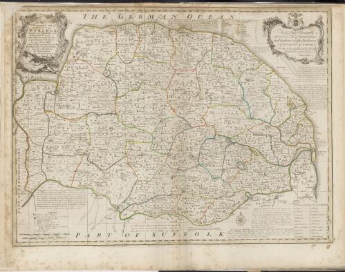 An accurate map of the County of Norfolk divided into hundreds [cartographic material] : drawn from surveys shewing (amongst various improvements not extant in any other map) what parishes are rectories & what vicarages, where charity schools have been erected &c. / by Eman. Bowen Geogr. to His Majesty
