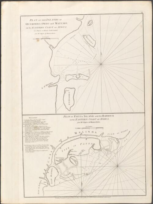 Plan of the Islands of Querimbo, Oybo and Matemo [cartographic material] : on the eastern coast of Africa in 12 degrees 20 minutes south latitude / from Mr. d'Après de Mannevillette.  Plan of Patta Island with its harbour : on the eastern coast of Africa / from Mr. d'Après de Mannevillette