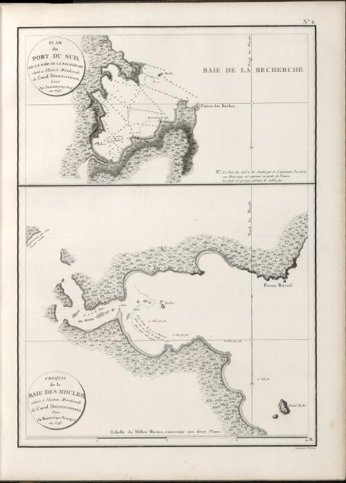 Plan du port du sud, de la baie de la Recherche situee a l'entree meridionale du Canal Dentrecasteaux [cartographic material] / leve par Jouvency, ingr. geoge. en 1793.  Croquis de la baie des Moules, situee a l'entree meridionale du Canal Dentrecasteaux / fait par Beautemps-Beaupre en 1793