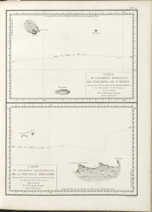 Carte de l'extremite meridionale de l'archipel du St. Esprit, reconnue par le contre-amiral Bruny Dentrecasteaux, le 15 avril 1793 (an 1er de l'ere Francaise) [cartographic material] ; Carte de l'extremite septentrionale de la Nouvelle Zeelande, reconnue par le contre-amiral Bruny-Dentrecasteaux, le u mars 1793 (an 1er de l'ere Francaise) / levee et dressee par C.F. Beautemps-Beaupre, ingenieur-hydrographe
