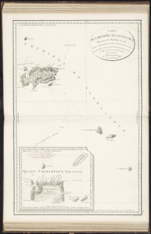 Carte de l'archipel de Santa-Cruz, decouvert par Mendana, en 1595, (Queen Charlotte's Islands de Carteret en 1767) reconnue par le contre-amiral Bruny-Dentrecasteaux; en mai 1793 (an 1er de l'ere Francaise) [cartographic material] / levee et dressee par C.F. Beautemps-Beaupre, ingenieur-hydrographe