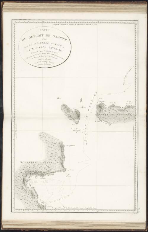 Carte du detroit de Dampier, situe entre la Nouvelle Guinee et la Nouvelle Bretagne, decouvert par Dampier, en 1700, et reconnu par le contre-amiral Bruny-Dentrecastuaux, en juin 1793 (an 1er de l'ere Francaise) [cartographic material] / levee et dressee par C.F. Beautemps-Beaupre, ingenieur-hydrographe