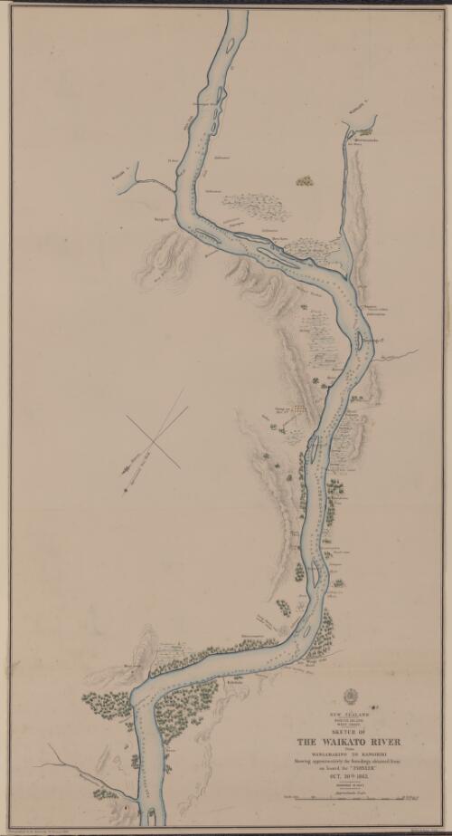 New Zealand, North Island, west coast [cartographic material] : sketch of the Waikato River from Wangamarino to Kangiriri showing approximatively the soundings obtained from on board the "Pioneer", Oct. 30th 1863 / Hydrographic Office