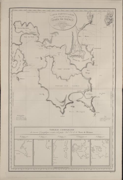 Carte particuliere de la cote sud-est de la Terre de Diemen [cartographic material] / dressee par L. Freycinet d'apres ses observations et celles de M. M. H. Freycinet, Faure & Boullanger, Fevrier 1802
