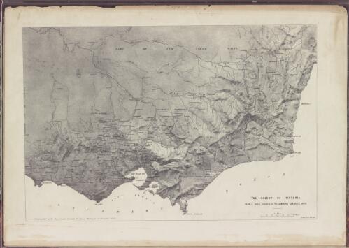 The colony of Victoria [cartographic material] : from a model executed at the Surveyor General's Office / lithographed at the Department of Lands &  Survey ; drawn by E. Jevezy