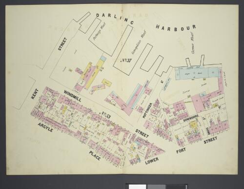 [Street map of part of Sydney's central business district bounded by Darling Harbour in the north, Perry Lane in the east, Argyle Place and Lower Fort Street in the south, and Kent Street in the west, c. 1879?] [cartographic material]