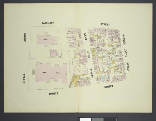 [Street map of part of Sydney's central business district bounded by Druitt Street in the north, George Street in the east, Bathurst Street  in the south, and Sussex Street in the west, c. 1879?] [cartographic material]