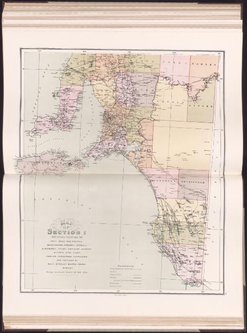 Map of Section 1 including counties of Grey, Robe, Mac-Donnell, Buckingham, Cardwell, Russell, Hindmarsh, Sturt, Adelaide, Albert, Alfred, Eyre, Light, Gawler, Fergusson, Carnarvon and portions of Daly, Stanley, Burra, Young, Hamley [cartographic material] / John Sands