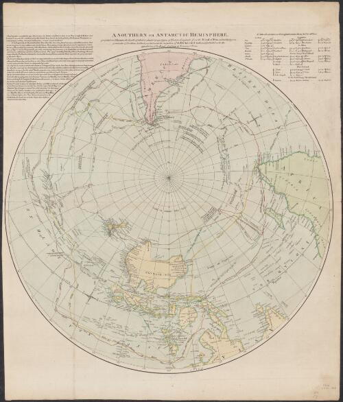 A southern or Antarctic hemisphere [cartographic material] : projected on a horizon the zenith of which is situated at 140 degrees of eastern longitude from the Island of Fero, and at 66 degrees 31 minutes of southern latitude executed under the inspection of the Duke De-Croy, and published with the approbation of the Royal Academy of Sciences at Paris