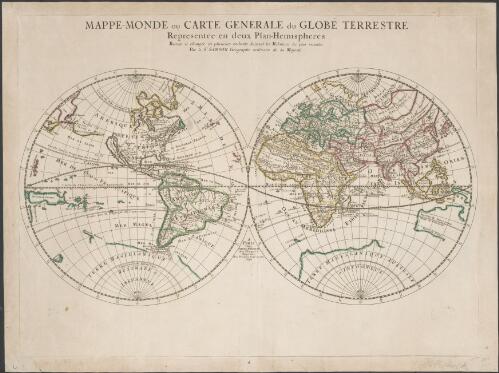 Mappe-monde, ou, Carte generale du globe terrestre, representée en deux plan-hemispheres, reveüe et changée en plusieurs endroits suivant les relations les plus recentes [cartographic material] / par le Sr. Sanson, geographe ordinaire de sa Majesté