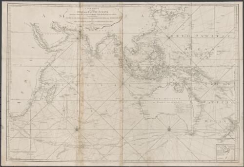 A new chart of the Indian and Pacific Oceans between the Cape of Good Hope, New Holland and Japan [cartographic material] : comprehending New Zealand, New Caledonia, New Britain, New Ireland, New Guinea &c.,  also the New Caroline, Ladrone and Philippine Islands : with the tracks of the English, French, Spanish and Dutch discoverers