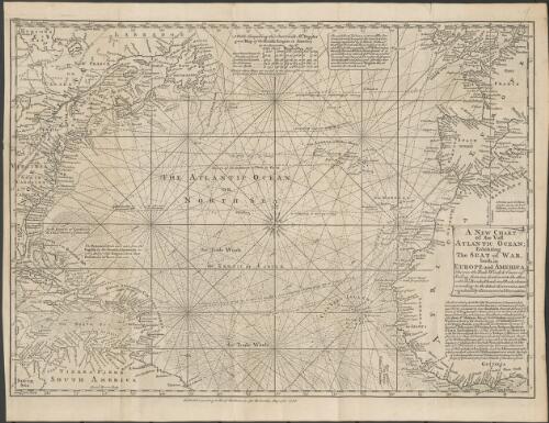 A new chart of the vast Atlantic Ocean exhibiting the seat of the war, both in Europe and America [cartographic material] : likewise the trade winds and course of sailing from one continent to the other