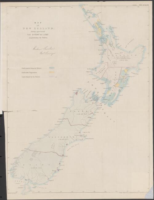 Map of New Zealand shewing approximately the extent of land acquired from the natives [cartographic material] / Andrew Sinclair, Govt. Surveyor