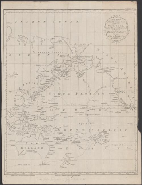 A chart of the discoveries made by the late Capt. Cook, & other European navigators in the great Pacific Ocean between Asia and America [cartographic material] / by T. Kitchin, Snr