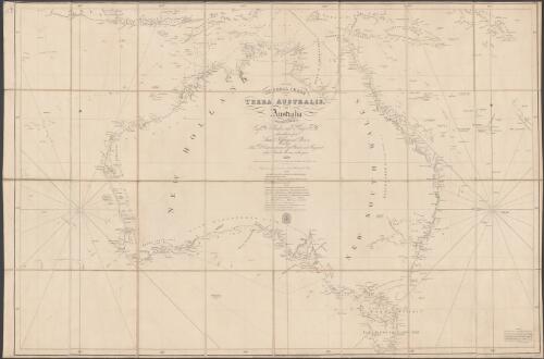 General chart of Terra Australis, or Australia [cartographic material] / from the surveys of Capts. Flinders and King R.H. ; with additions from Lieuts. Jeffreys and Roe ; also from Adml. D'Entrecasteaux, Capts. Baudin and Freycinet of the French Marine, to the year 1829 ; corrected from the surveys of Commander Wickham and Stokes 1843