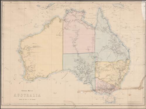 General map of Australia shewing the routes of the explorers [cartographic material] / reduced and drawn by Edward Price, under the direction of R. Brough Smyth. F.G.S. ; lithographed at the Office of Lands & Survey Melbourne, the outline and hills by Thomas Franklin Bibbs, the writing by William Collis, under the supervision of Richard Counsel, Chief Draftsman ; C.W. Ligar, C.E. Surveyor General, The Honorable Charles Gavan Duffy, President of the Board of Land and Works